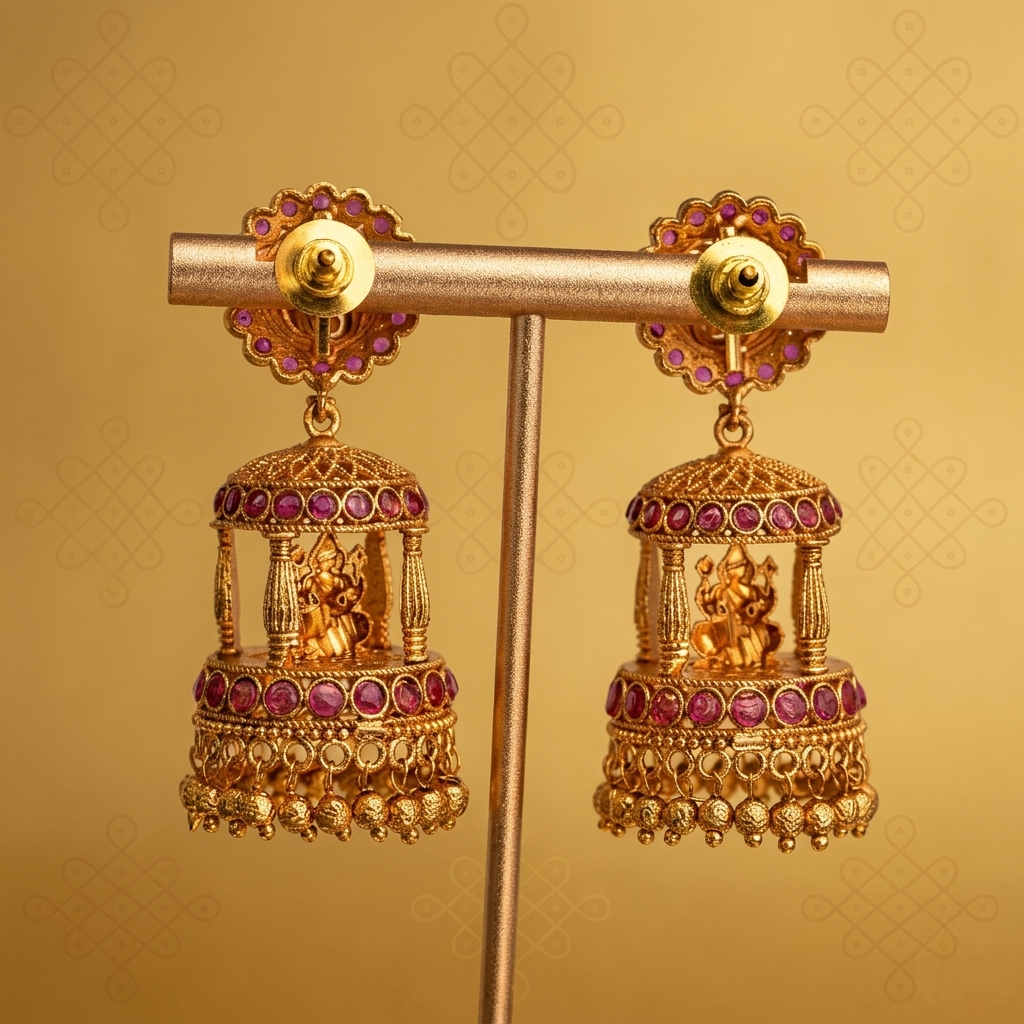 Antique Finish Pavilion Inspired Jumka-Ruby alternate angle - Avalna